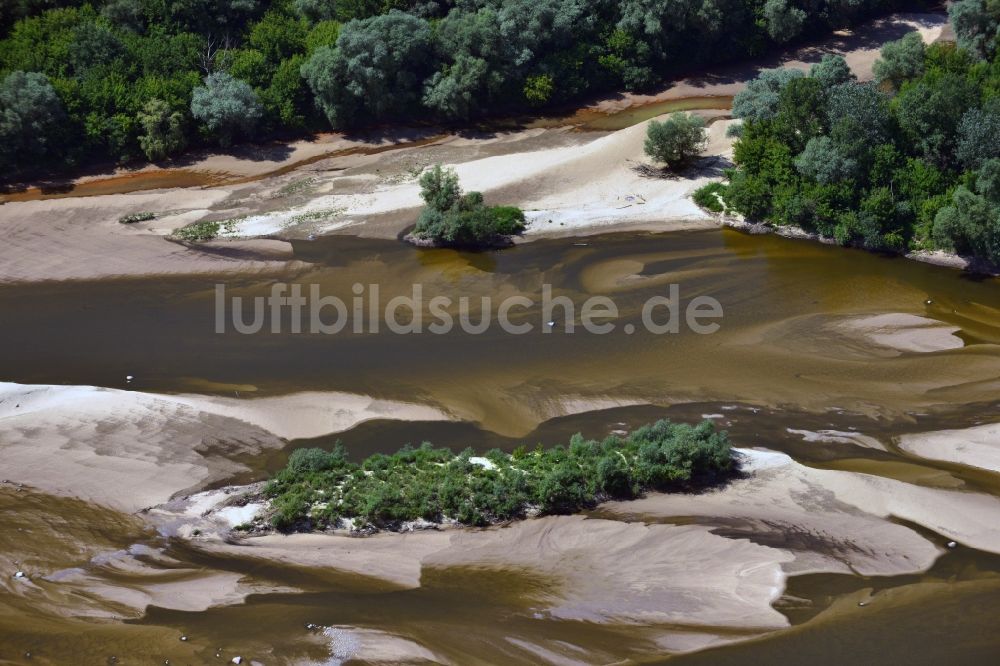 Luftaufnahme Warschau - Sommerbedingt gesunkener Wasserpegel am Ufer der Weichsel am Lesie Bielanskim in Warschau in Polen