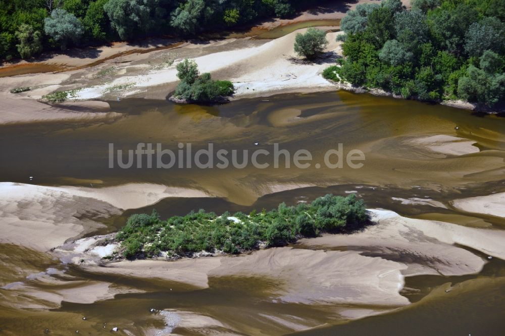 Warschau von oben - Sommerbedingt gesunkener Wasserpegel am Ufer der Weichsel am Lesie Bielanskim in Warschau in Polen