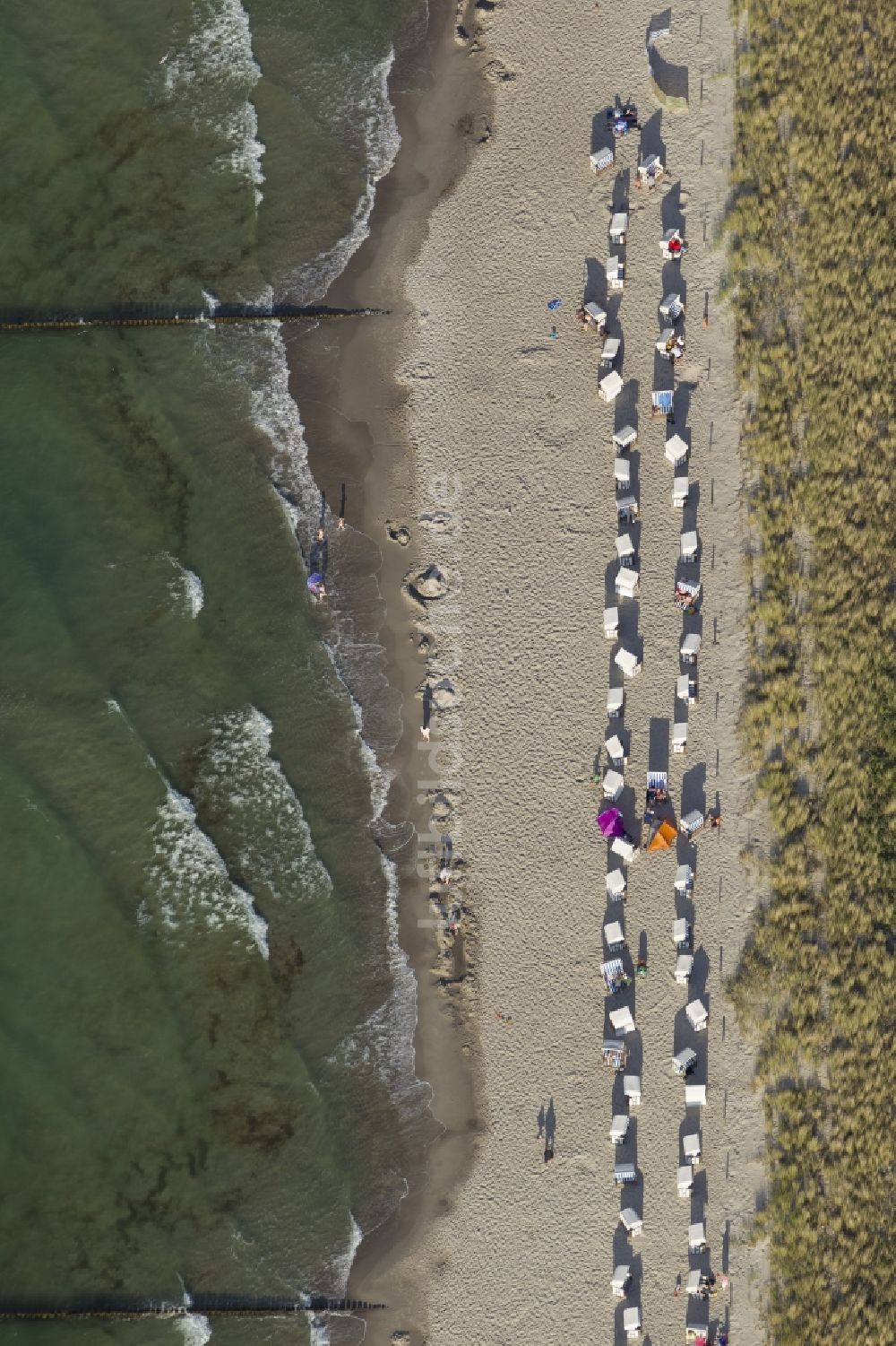 Zingst aus der Vogelperspektive: Sonnenbad, Baden und Erholung am Ostsee - Strand in Zingst im Bundesland Mecklenburg-Vorpommern