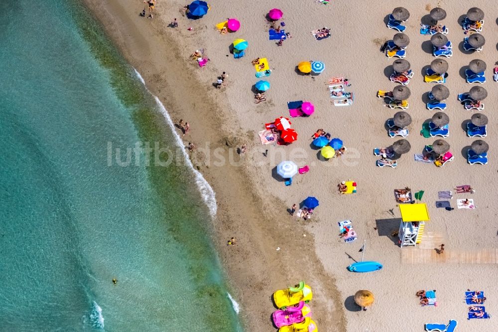 Luftbild Badia de Palma - Sonnenschirmreihen am Sand- Strand im Küstenbereich der Bucht in Peguera in Balearische Insel Mallorca, Spanien