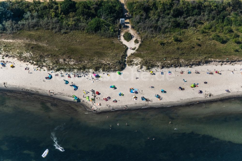 Luftaufnahme Pelzerhaken - Sonnenschirmreihen am Sand- Strand im Küstenbereich in Pelzerhaken im Bundesland Schleswig-Holstein, Deutschland