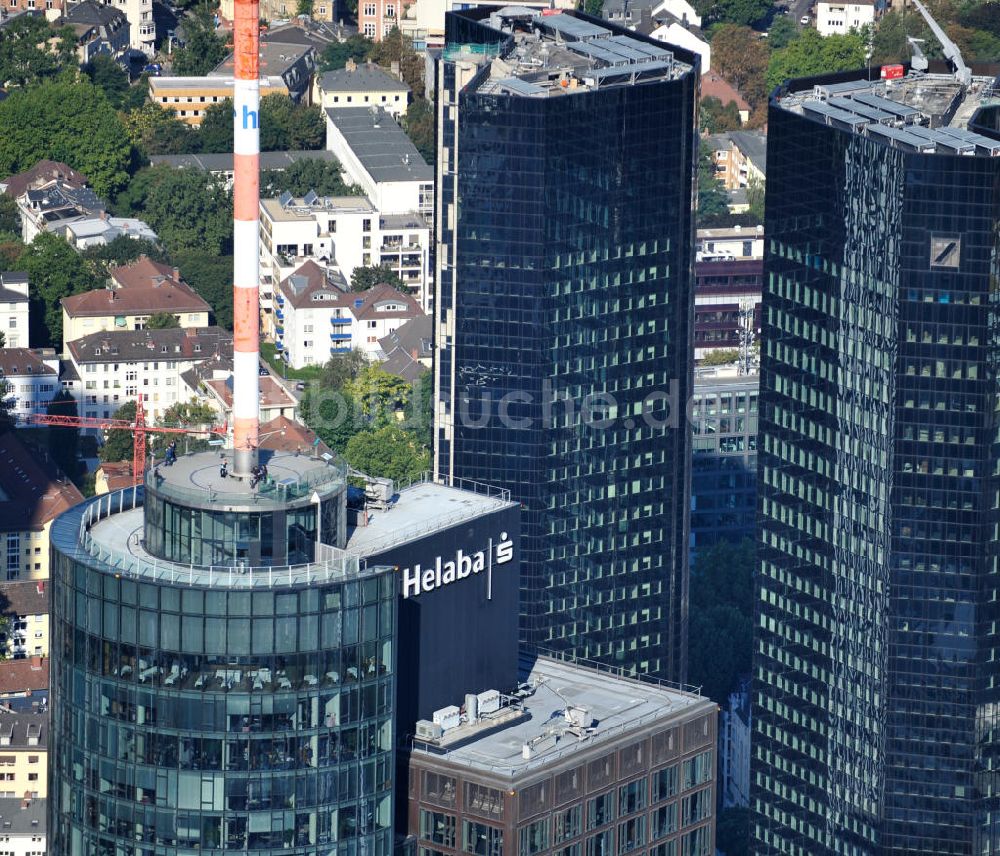 Frankfurt am Main aus der Vogelperspektive: Spitze des Main Tower , dem Hochhaus der HELABA Landesbank Hessen in Frankfurt am Main