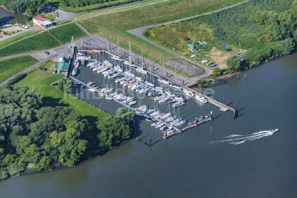 Luftaufnahme Jork - Sport- und Segelboot - Anlegestelle am Flußufer Altländer Yachtclub e.V. in Jork an der Elbe im Bundesland Niedersachsen, Deutschland