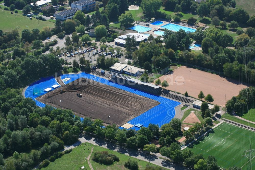 Rheinfelden (Baden) von oben - Sportanlagen und Arbeiten am Unterbau für einen neuen Rasen am Sportplatz- Fussballplatz Europa-Stadion in Rheinfelden (Baden) im Bundesland Baden-Württemberg, Deutschland