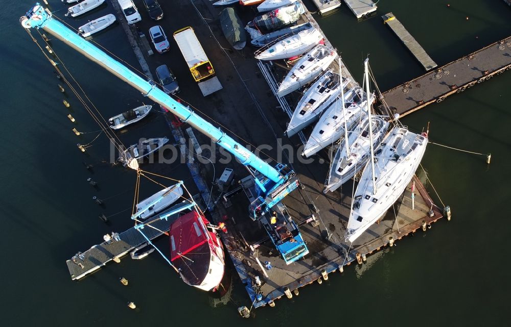 Altefähr aus der Vogelperspektive: Sportboot- Anlegestellen und Bootsliegeplätzen am Uferbereich der Ostsee in Altefähr im Bundesland Mecklenburg-Vorpommern, Deutschland