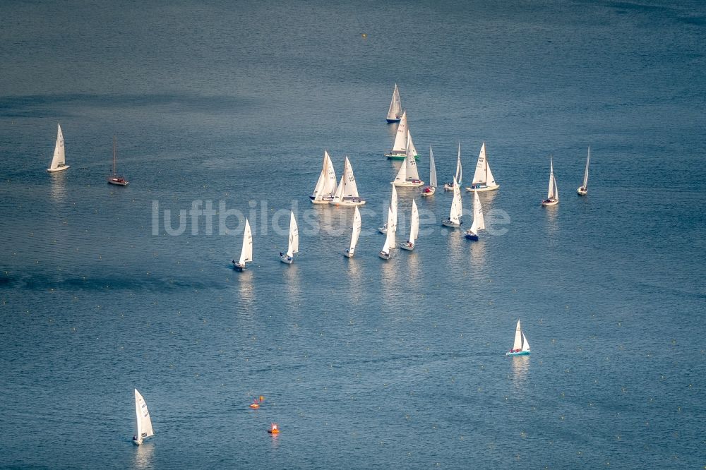 Luftaufnahme Essen - Sportboot - Segelschiff in Fahrt auf der Ruhr in Essen im Bundesland Nordrhein-Westfalen