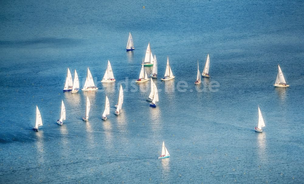 Essen von oben - Sportboot - Segelschiff in Fahrt auf der Ruhr in Essen im Bundesland Nordrhein-Westfalen