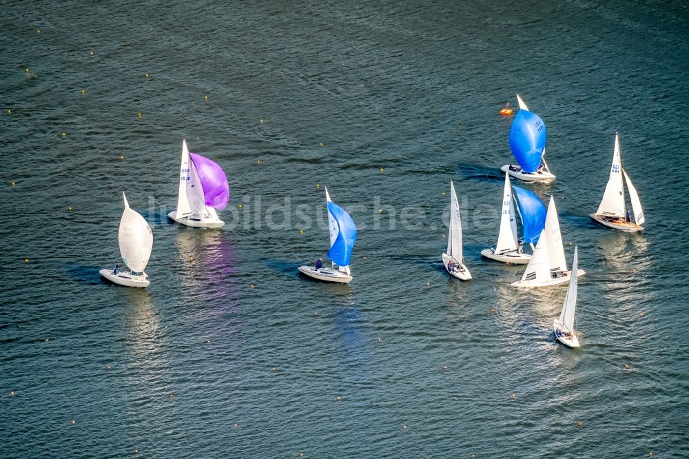 Essen aus der Vogelperspektive: Sportboot - Segelschiff in Fahrt auf der Ruhr in Essen im Bundesland Nordrhein-Westfalen