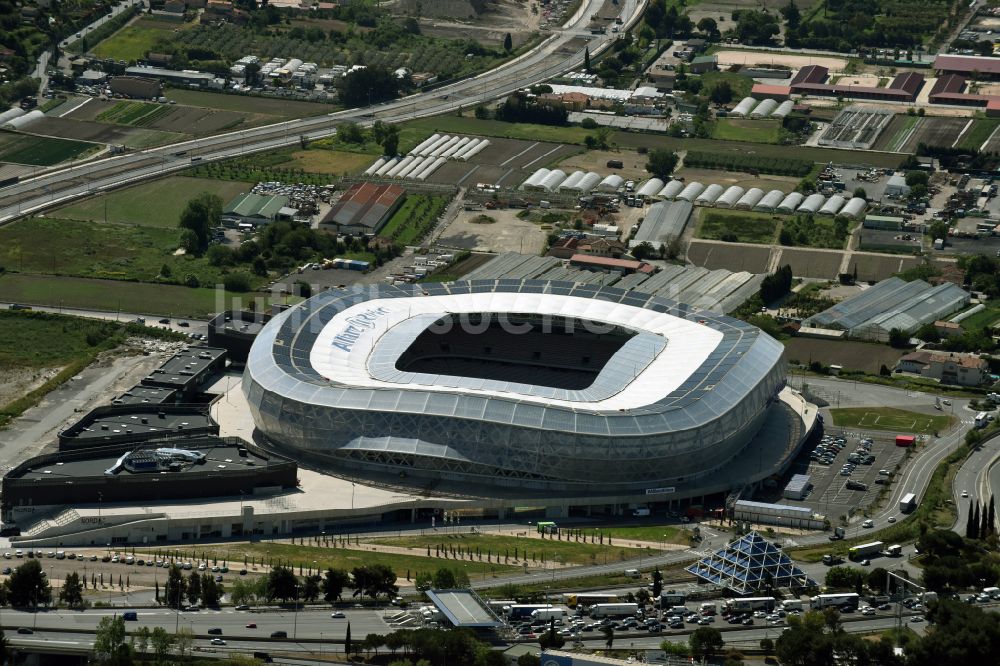 Luftaufnahme Nizza - Sportstätten-Gelände der Arena des Stadion Allianz Riviera in Nizza in Provence-Alpes-Cote d'Azur, Frankreich