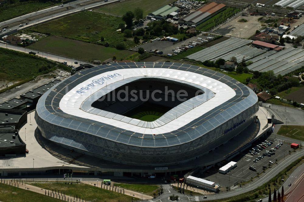 Luftaufnahme Nizza - Sportstätten-Gelände der Arena des Stadion Allianz Riviera in Nizza in Provence-Alpes-Cote d'Azur, Frankreich