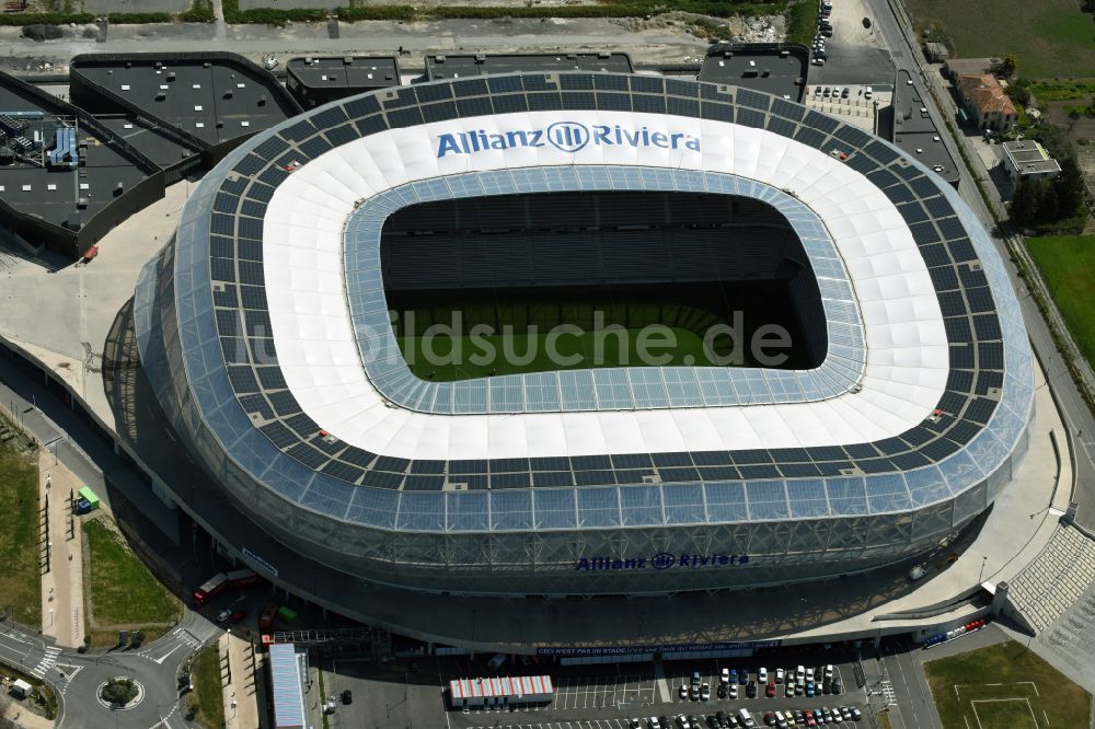 Luftaufnahme Nizza - Sportstätten-Gelände der Arena des Stadion Allianz Riviera in Nizza in Provence-Alpes-Cote d'Azur, Frankreich