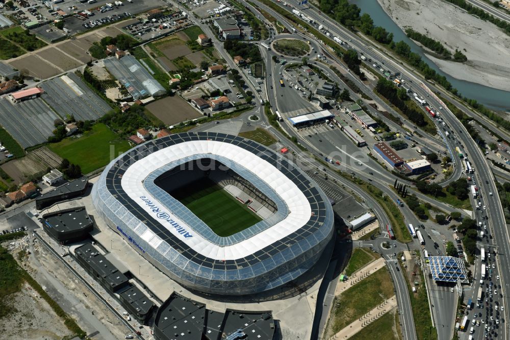 Luftaufnahme Nizza - Sportstätten-Gelände der Arena des Stadion Allianz Riviera in Nizza in Provence-Alpes-Cote d'Azur, Frankreich