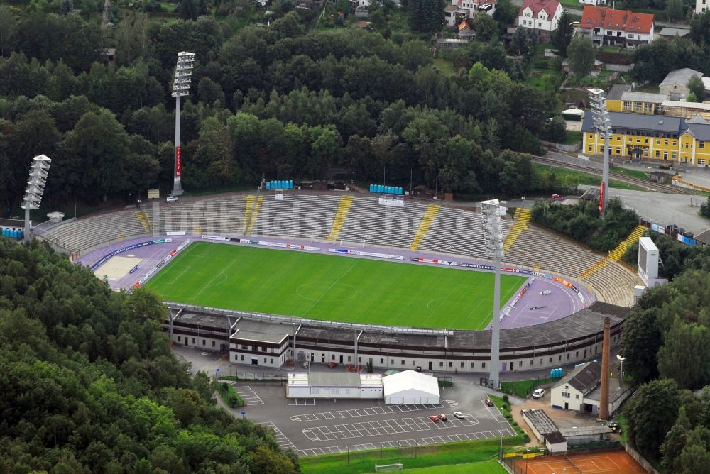 Aue von oben - Sportstätten-Gelände der Arena des Stadion in Aue im Bundesland Sachsen