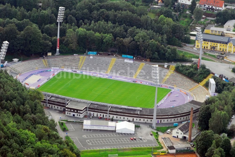 Aue aus der Vogelperspektive: Sportstätten-Gelände der Arena des Stadion in Aue im Bundesland Sachsen