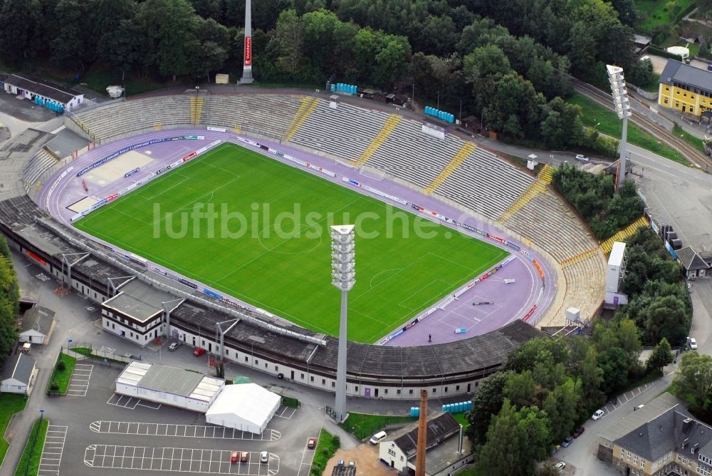 Aue von oben - Sportstätten-Gelände der Arena des Stadion in Aue im Bundesland Sachsen