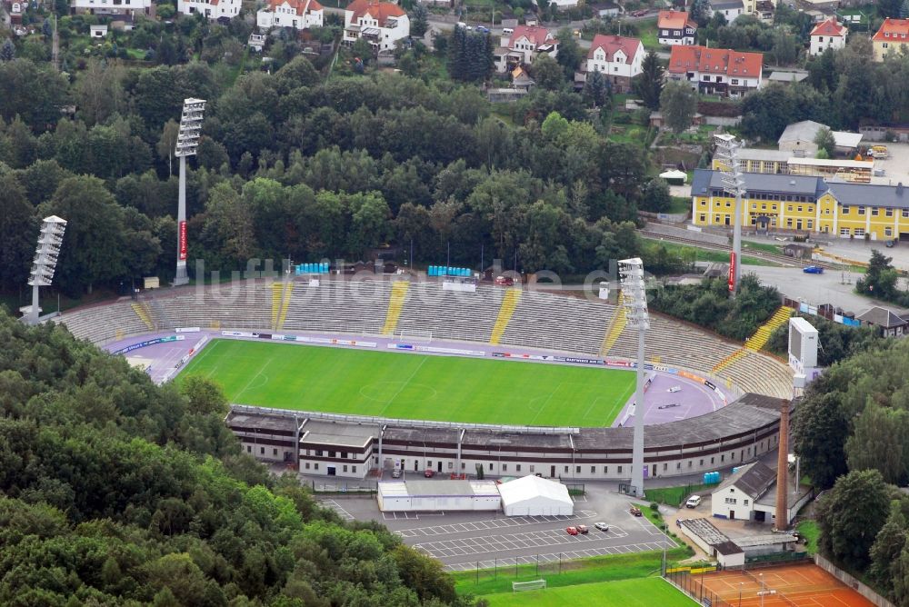 Aue aus der Vogelperspektive: Sportstätten-Gelände der Arena des Stadion in Aue im Bundesland Sachsen