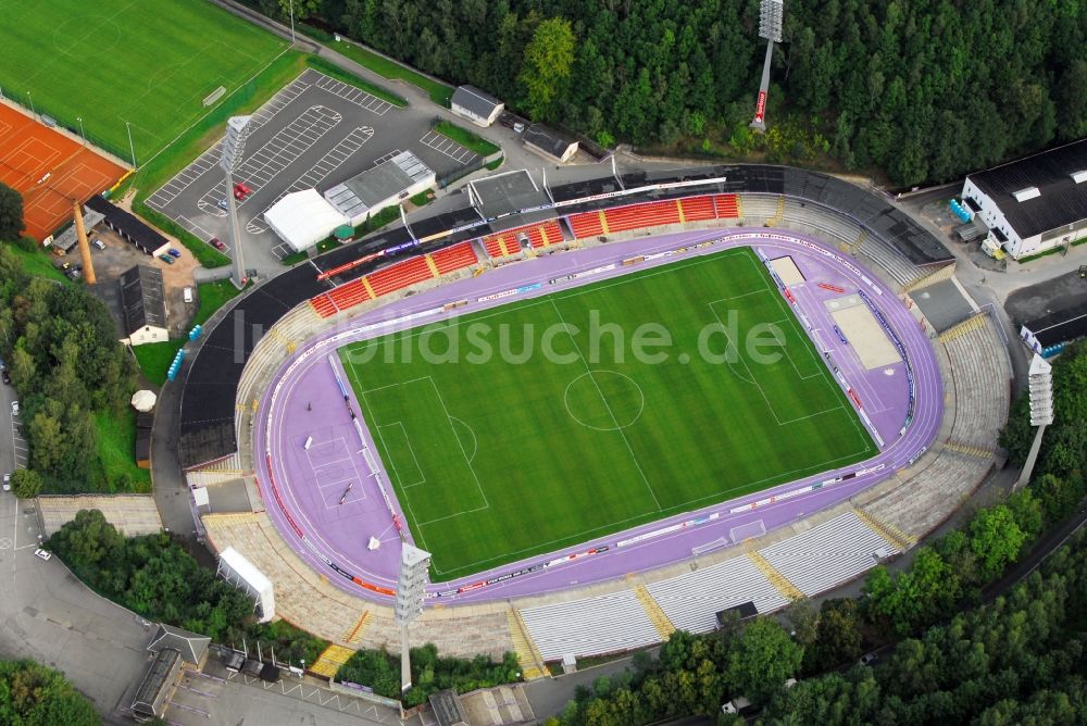 Aue von oben - Sportstätten-Gelände der Arena des Stadion in Aue im Bundesland Sachsen