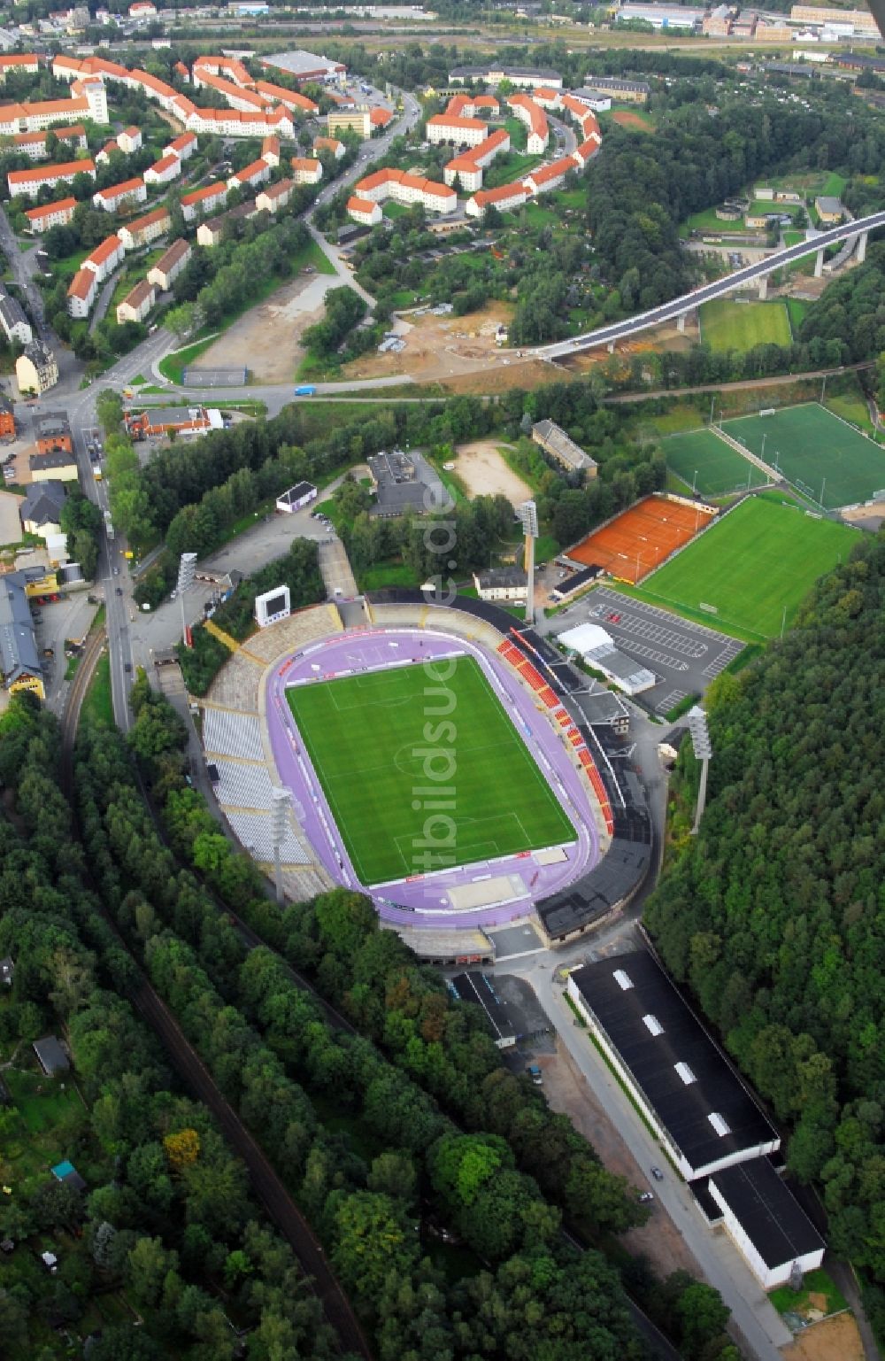 Aue aus der Vogelperspektive: Sportstätten-Gelände der Arena des Stadion in Aue im Bundesland Sachsen