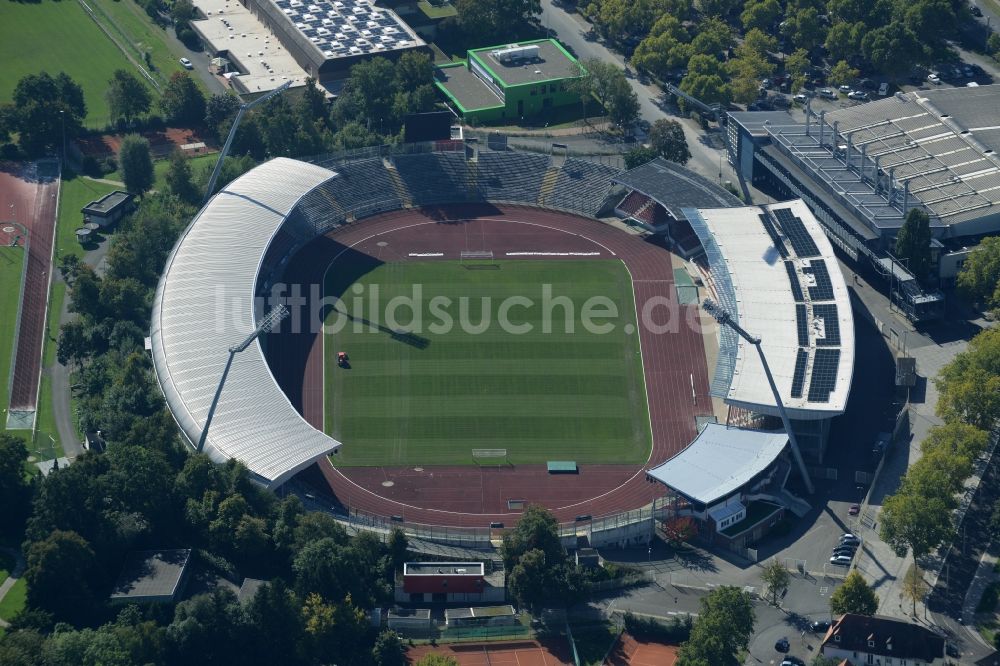 Kassel aus der Vogelperspektive: Sportstätten-Gelände der Arena des Stadion Auestadion in Kassel im Bundesland Hessen, Deutschland