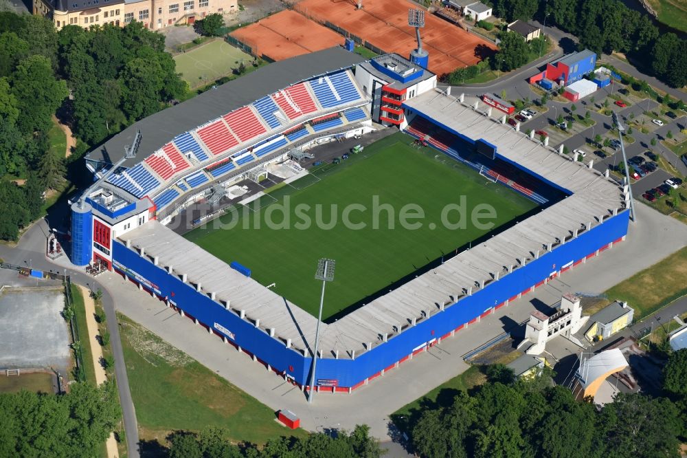 Pilsen von oben - Sportstätten-Gelände der Arena des Stadion Doosan Arena an der Struncovy sady in Pilsen in , Tschechien