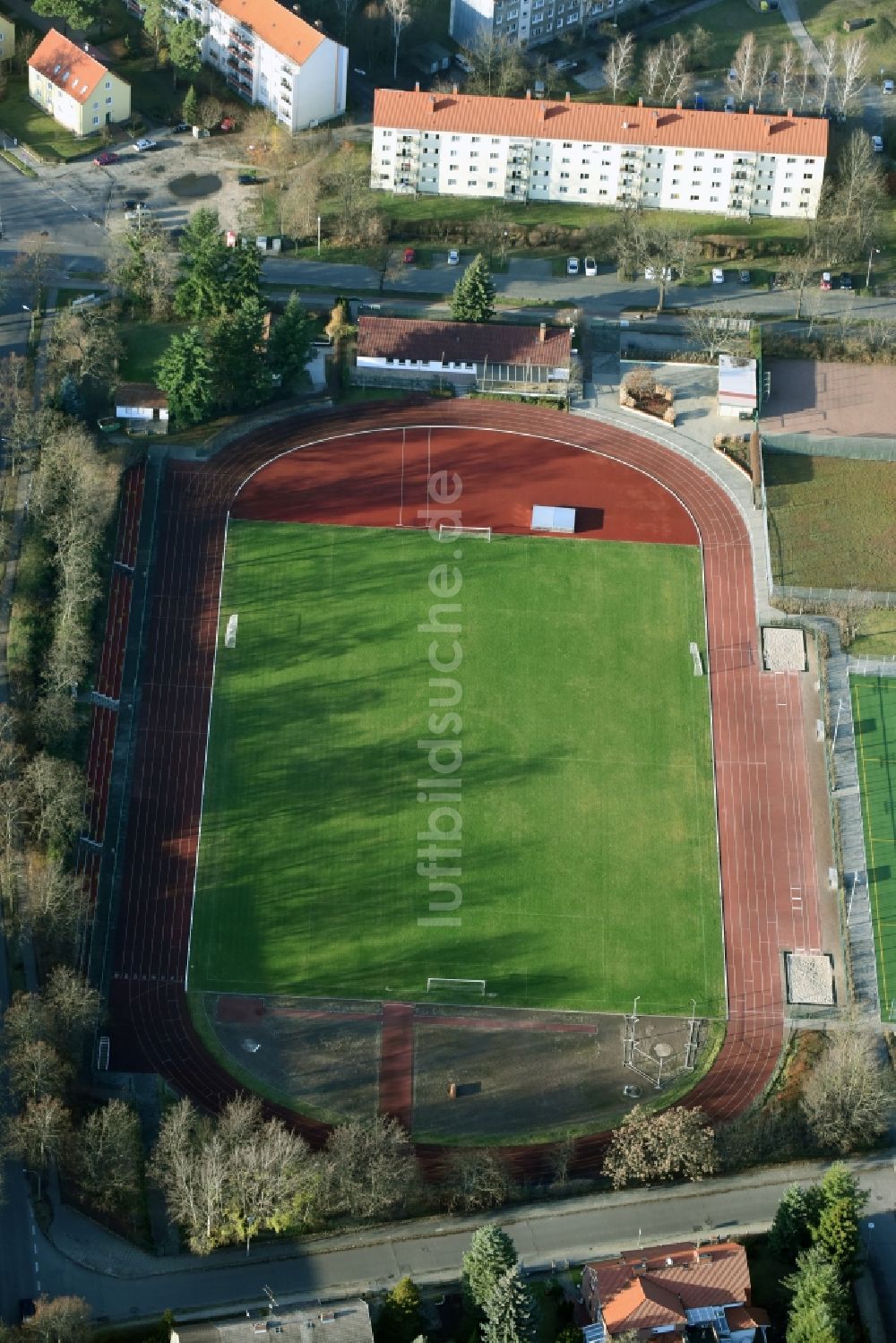 Luftaufnahme Fürstenwalde/Spree - Sportstätten-Gelände der Arena des Stadion in Fürstenwalde/Spree im Bundesland Brandenburg