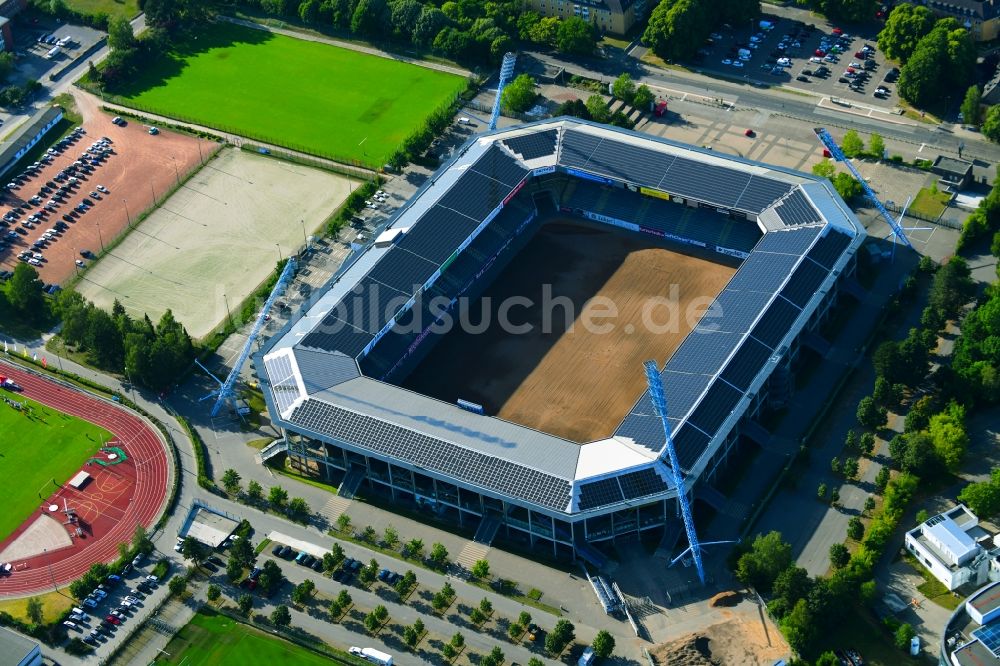 Luftaufnahme Rostock - Sportstätten-Gelände der Arena des Stadion Ostseestadion (vormals DKB - Arena) im Ortsteil Hansaviertel in Rostock im Bundesland Mecklenburg-Vorpommern, Deutschland