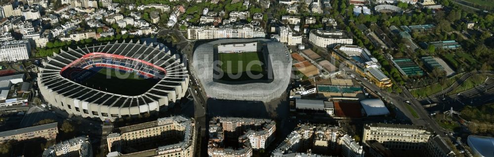 Paris von oben - Sportstätten-Gelände der Arena des Stadion Prinzenpark an der Rue du Commandant Guilbaud in Paris Boulogne-Billancourt in Ile-de-France, Frankreich