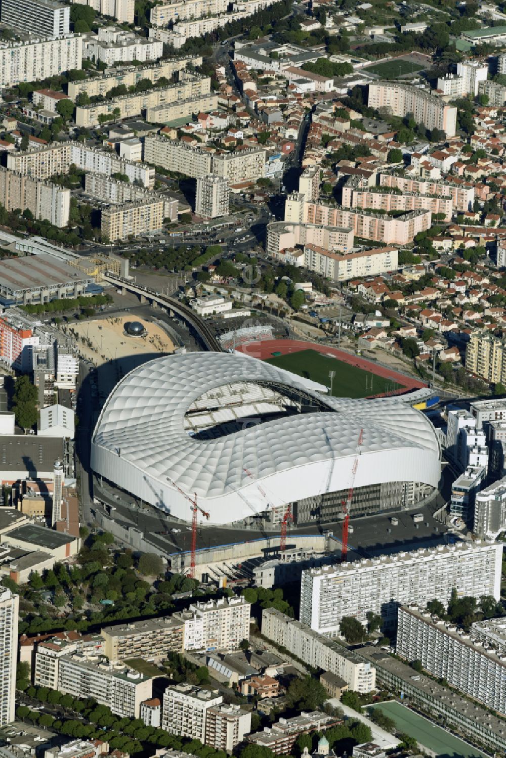 Luftaufnahme Marseille - Sportstätten-Gelände der Arena des Stadion Stade Orange Velodrome in Marseille in Provence-Alpes-Cote d'Azur, Frankreich