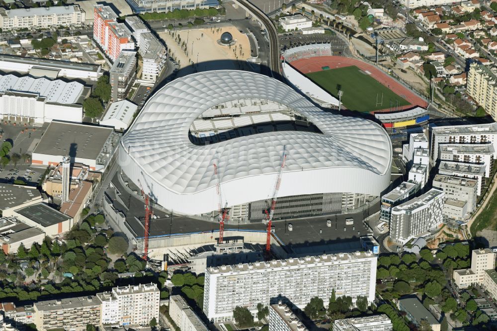 Luftaufnahme Marseille - Sportstätten-Gelände der Arena des Stadion Stade Orange Velodrome in Marseille in Provence-Alpes-Cote d'Azur, Frankreich