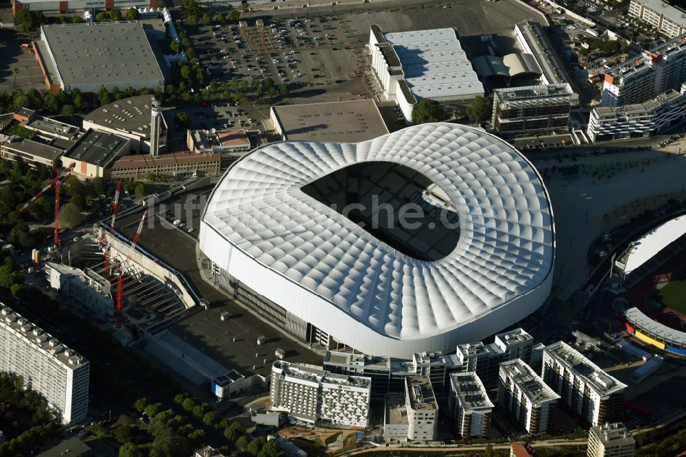 Marseille von oben - Sportstätten-Gelände der Arena des Stadion Stade Orange Velodrome in Marseille in Provence-Alpes-Cote d'Azur, Frankreich