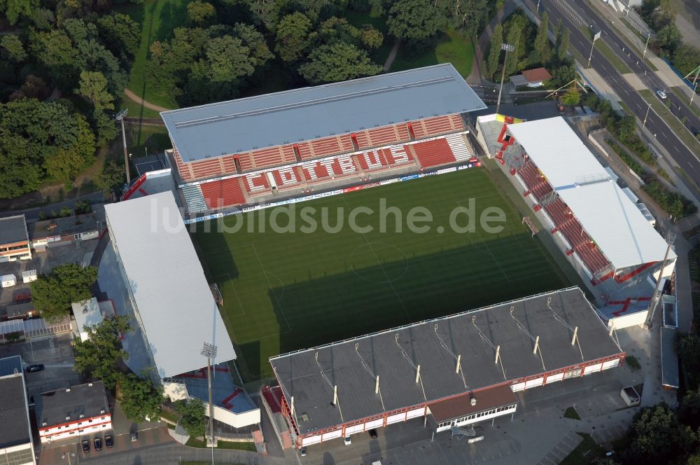 Cottbus von oben - Sportstätten-Gelände der Arena des Stadion Stadion der Freundschaft in Cottbus im Bundesland Brandenburg, Deutschland