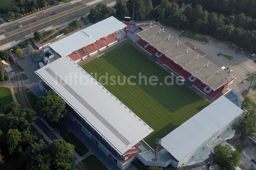 Cottbus aus der Vogelperspektive: Sportstätten-Gelände der Arena des Stadion Stadion der Freundschaft in Cottbus im Bundesland Brandenburg, Deutschland