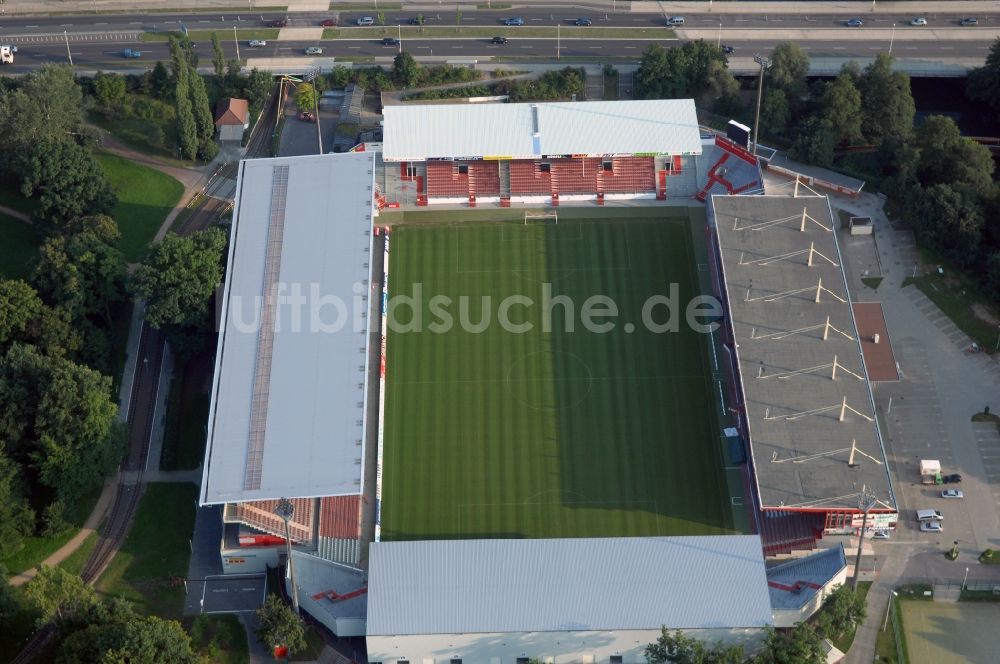 Cottbus aus der Vogelperspektive: Sportstätten-Gelände der Arena des Stadion Stadion der Freundschaft in Cottbus im Bundesland Brandenburg, Deutschland