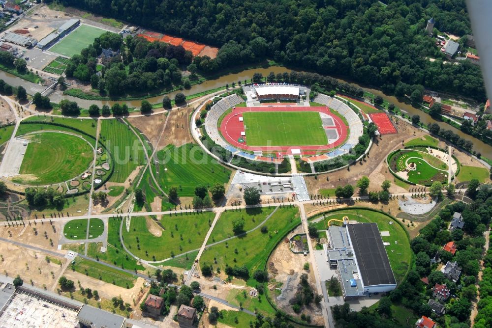 Gera aus der Vogelperspektive: Sportstätten-Gelände der Arena des Stadion Stadion der Freundschaft in Gera im Bundesland Thüringen, Deutschland