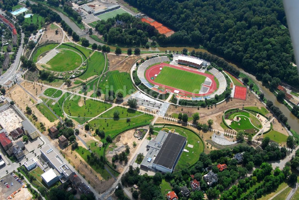 Luftaufnahme Gera - Sportstätten-Gelände der Arena des Stadion Stadion der Freundschaft in Gera im Bundesland Thüringen, Deutschland