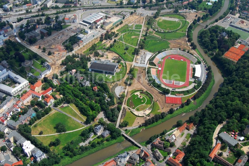 Luftaufnahme Gera - Sportstätten-Gelände der Arena des Stadion Stadion der Freundschaft in Gera im Bundesland Thüringen, Deutschland