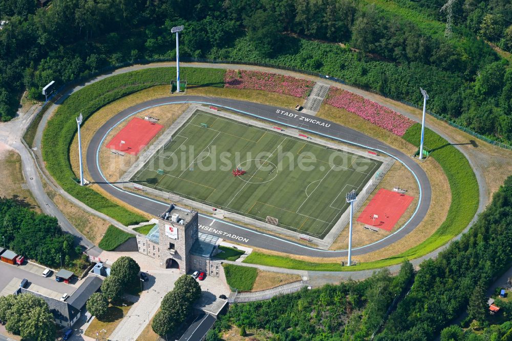 Zwickau von oben - Sportstätten-Gelände der Arena des Stadion Westsachsenstadion in Zwickau im Bundesland Sachsen, Deutschland