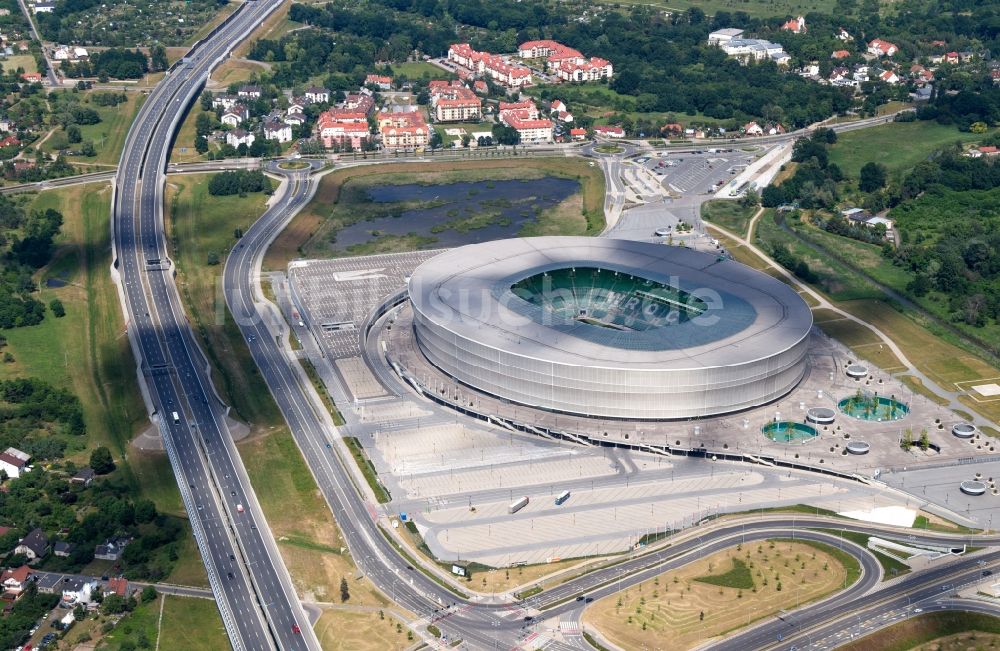 Wroclaw Breslau aus der Vogelperspektive: Sportstätten-Gelände der Arena des Stadion in Wroclaw Breslau in Niederschlesien, Polen