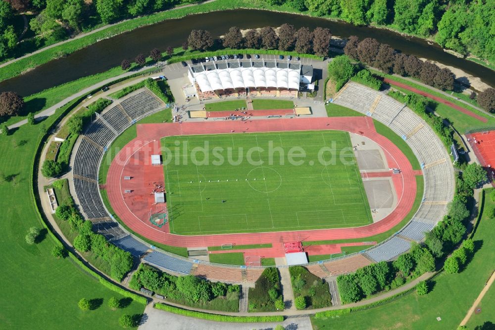 Gera aus der Vogelperspektive: Sportstätten-Gelände der Arena des Stadium der Freundschaft in Gera im Bundesland Thüringen