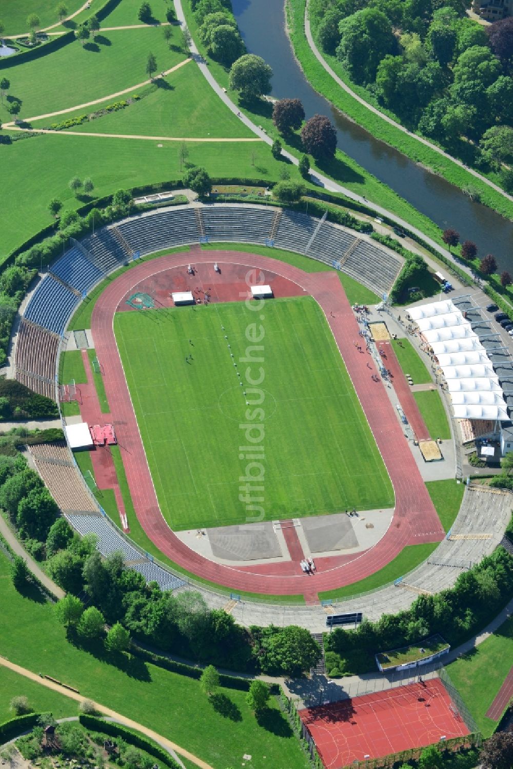 Gera von oben - Sportstätten-Gelände der Arena des Stadium der Freundschaft in Gera im Bundesland Thüringen