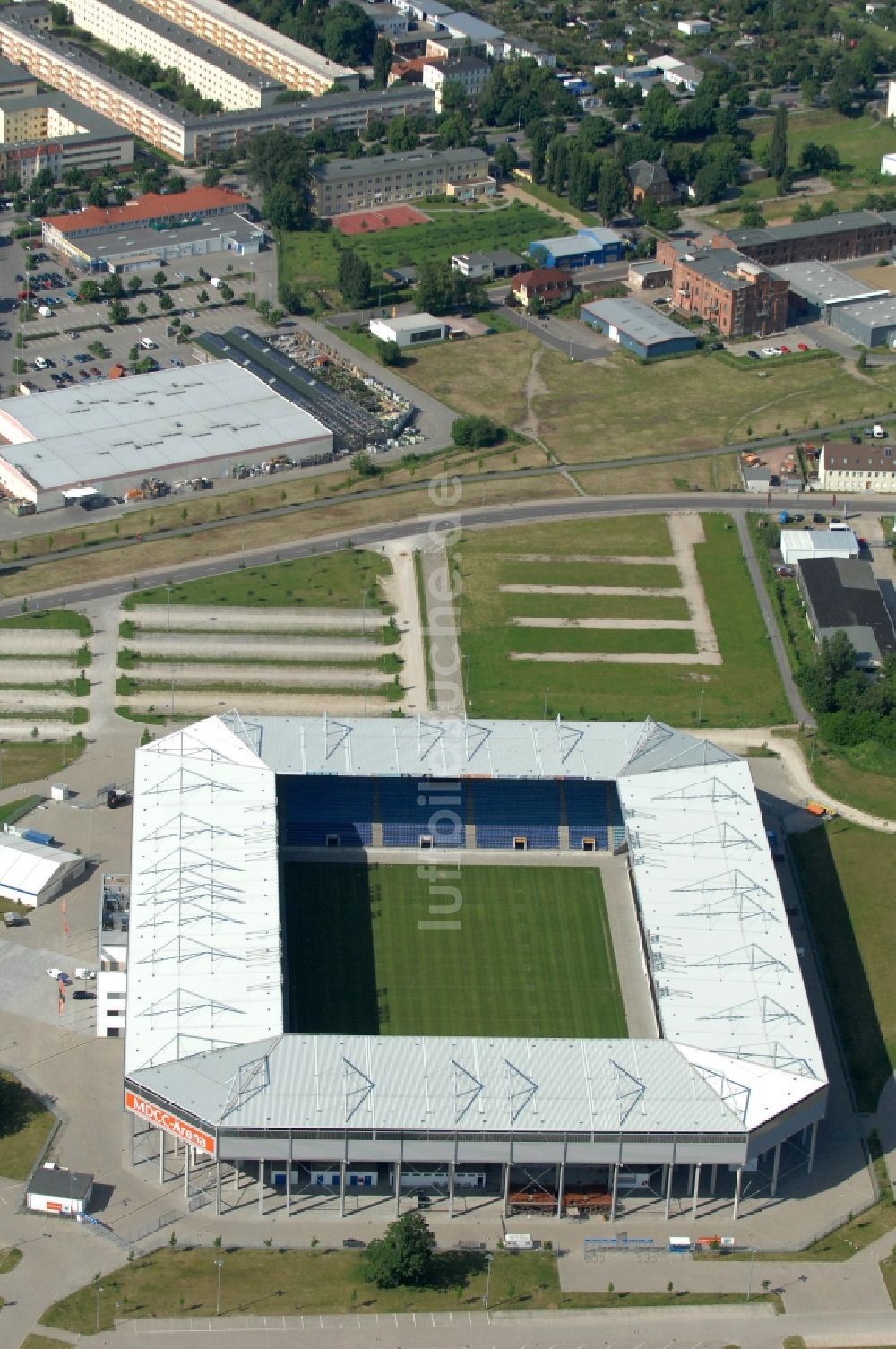 Magdeburg von oben - Sportstätten-Gelände der MDCC-Arena in Magdeburg im Bundesland Sachsen-Anhalt