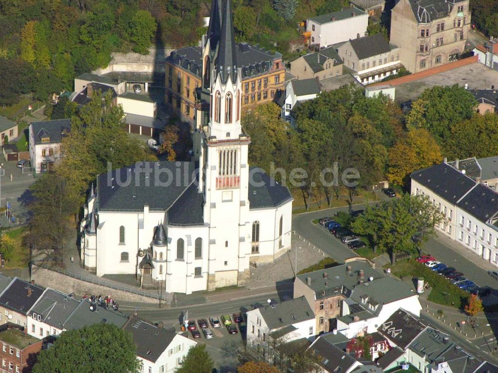 Oelsnitz aus der Vogelperspektive: St. Jakobikirche in Oelsnitz