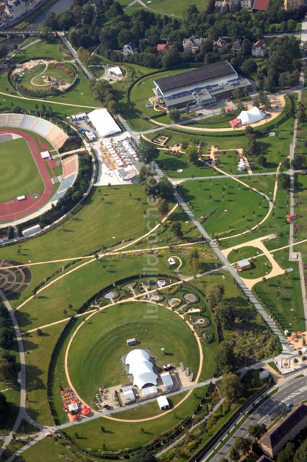 Luftaufnahme GERA - Stadion der Freundschaft auf dem BUGA-Gelände Hofwiesenpark in Gera