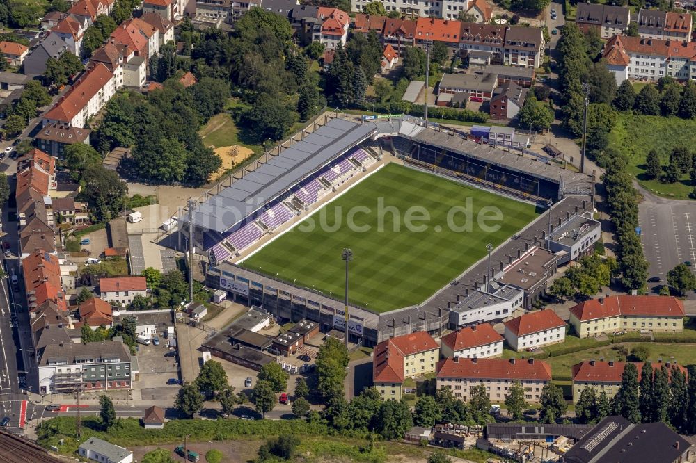 Osnabrück aus der Vogelperspektive: Stadion osnatel-ARENA (früher Stadion an der Bremer Brücke bzw. Piepenbrockstadion) in Osnabrück im Bundesland Niedersachsen