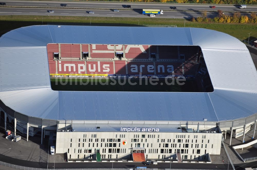 Luftaufnahme Augsburg - Stadion WWK Arena des Fußballvereins FC Augsburg im Bundesland Bayern