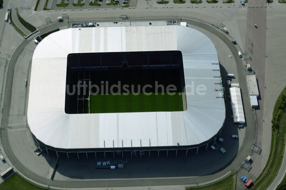 Luftaufnahme Augsburg - Stadion WWK Arena des Fußballvereins FC Augsburg im Bundesland Bayern