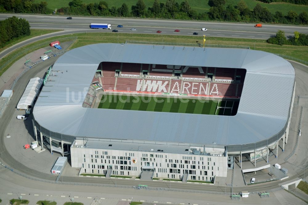 Luftaufnahme Augsburg - Stadion WWK Arena des Fußballvereins FC Augsburg im Bundesland Bayern