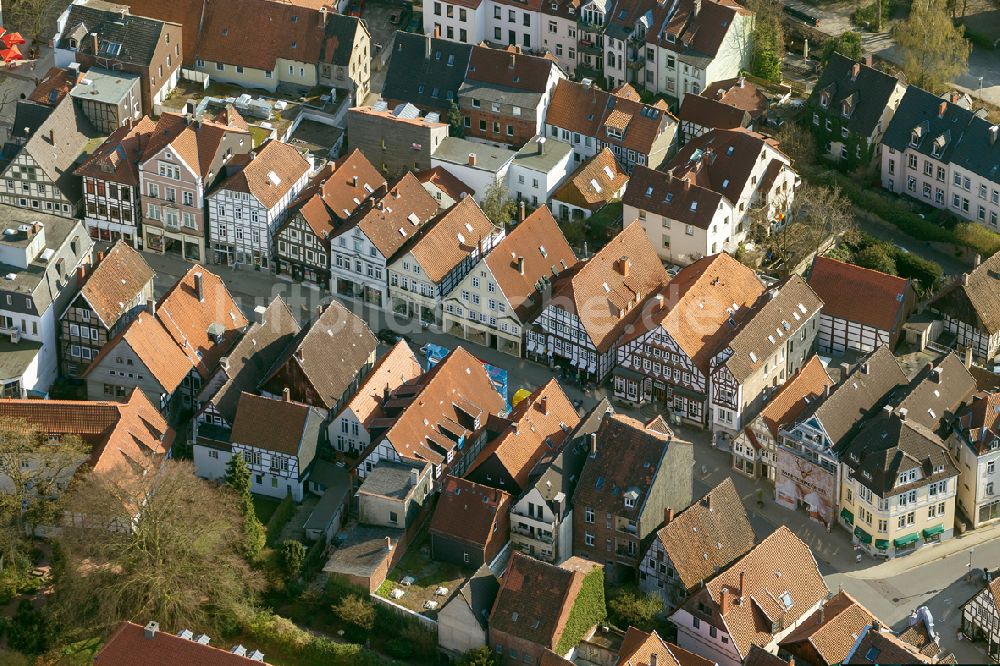 Detmold aus der Vogelperspektive: Stadtansicht Altstadt an der Krummestraße mit Fachwerkhäusern in Detmold im Bundesland Nordrhein-Westfalen