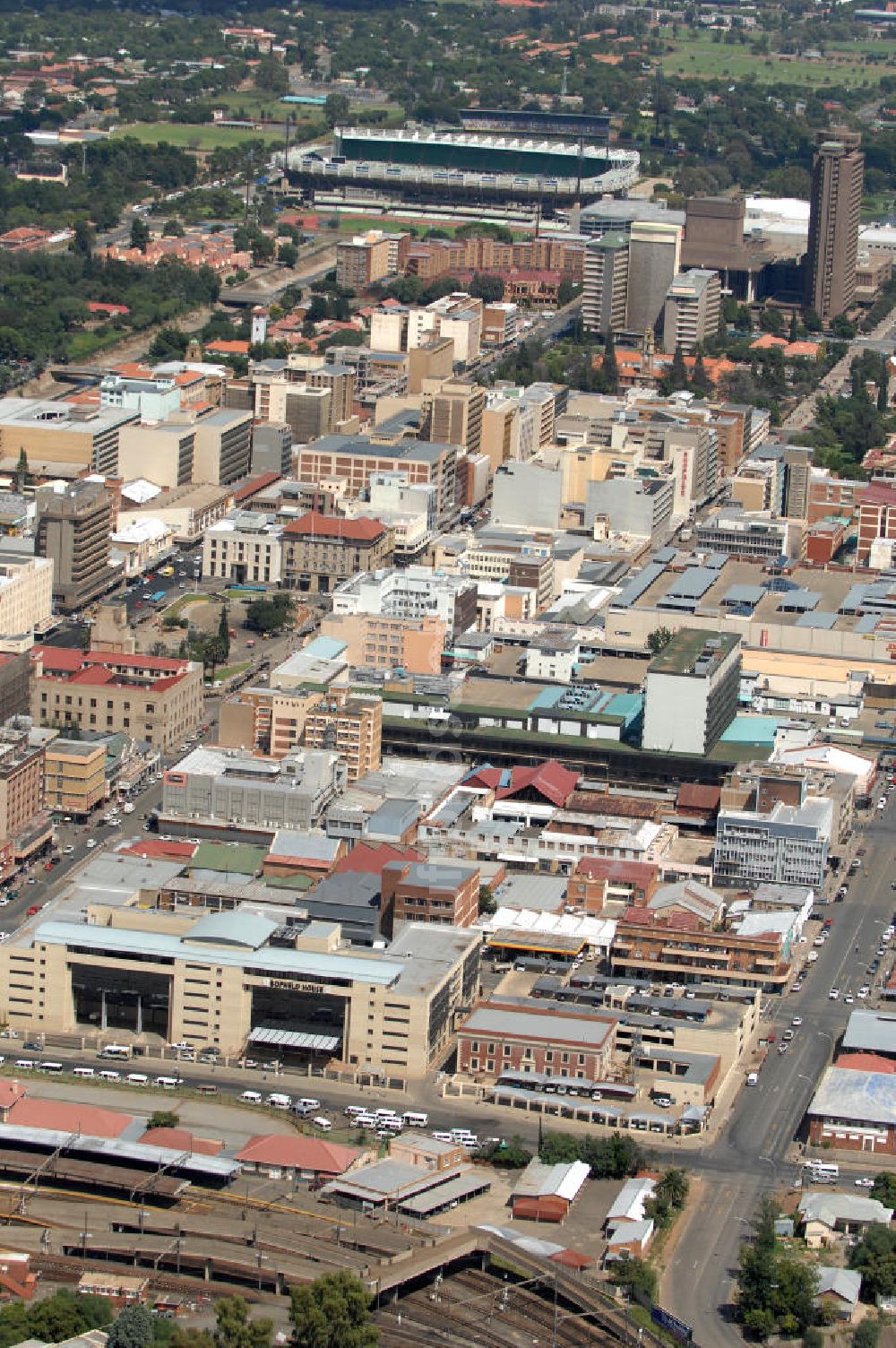 Bloemfontein aus der Vogelperspektive: Stadtansicht auf die Innenstadt von Bloemfontein in South Africa