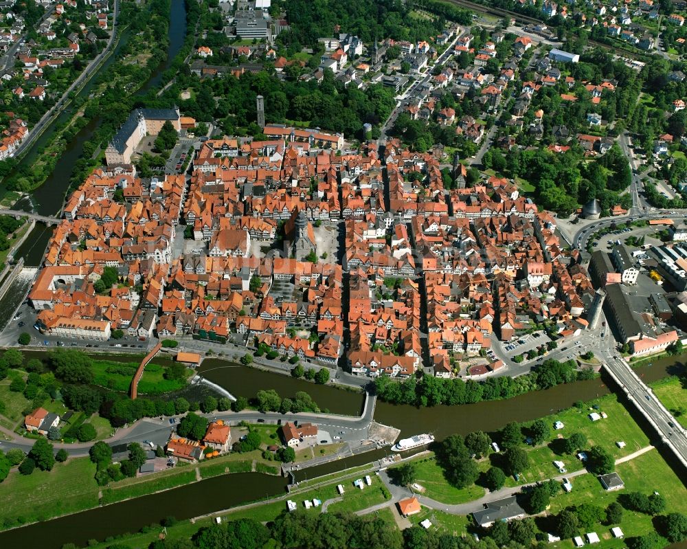 Hann. Münden von oben - Stadtansicht der Innenstadt von Hann. Münden im Bundesland Niedersachsen